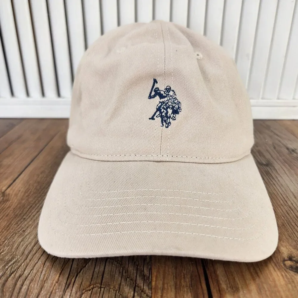 US Polo Assn Dad Hat Beige Embroidered Double Horseman Strapback Baseball Cap